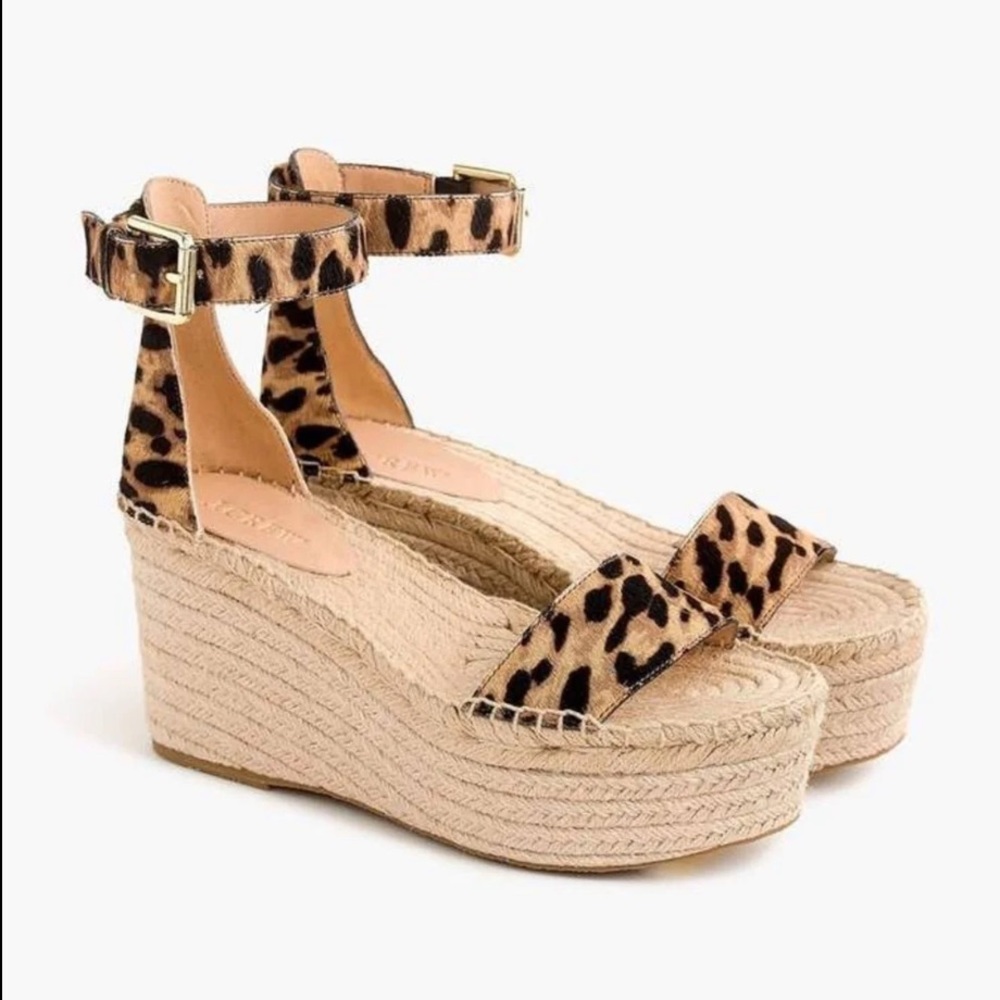 J. CREW Marina Platform Espadrille Ankle Strap Sandal Wedges - Leopard Calf Hair